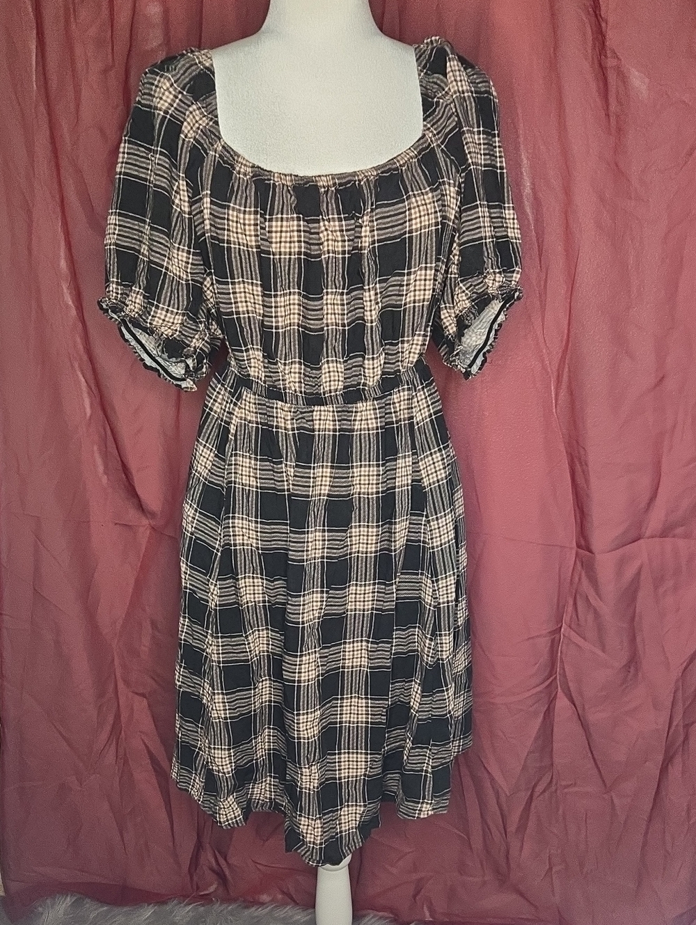 torrid Black and Cream Plaid Midi Dress with Puff Sleeves